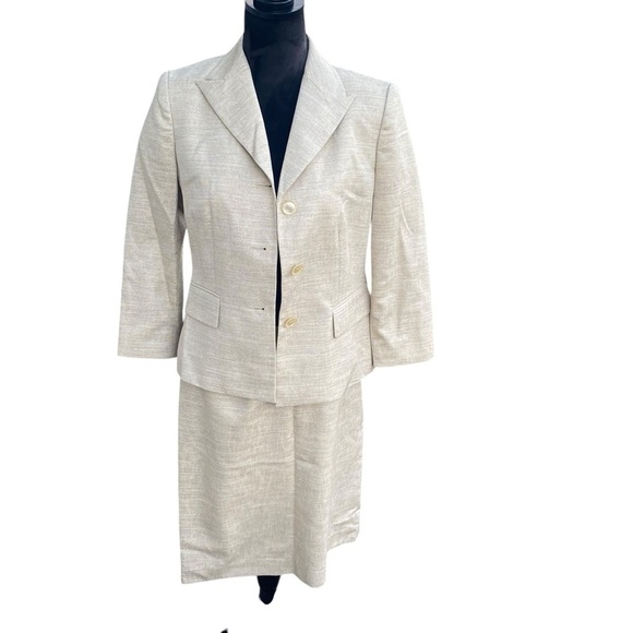 Kasper Women's Beige Gold Metallic Blazer & Skirt Set‎ Cocktail Peak Collar - Picture 1 of 16